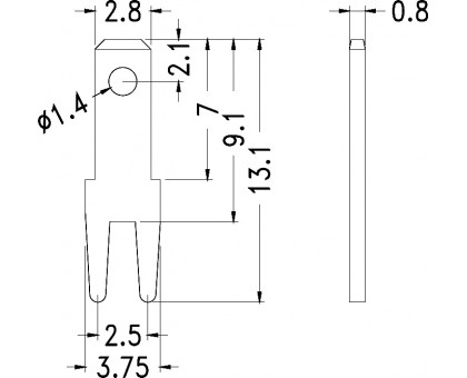 DJ614-2.8, клемма ножевая на плату (2.8x0.8mm)